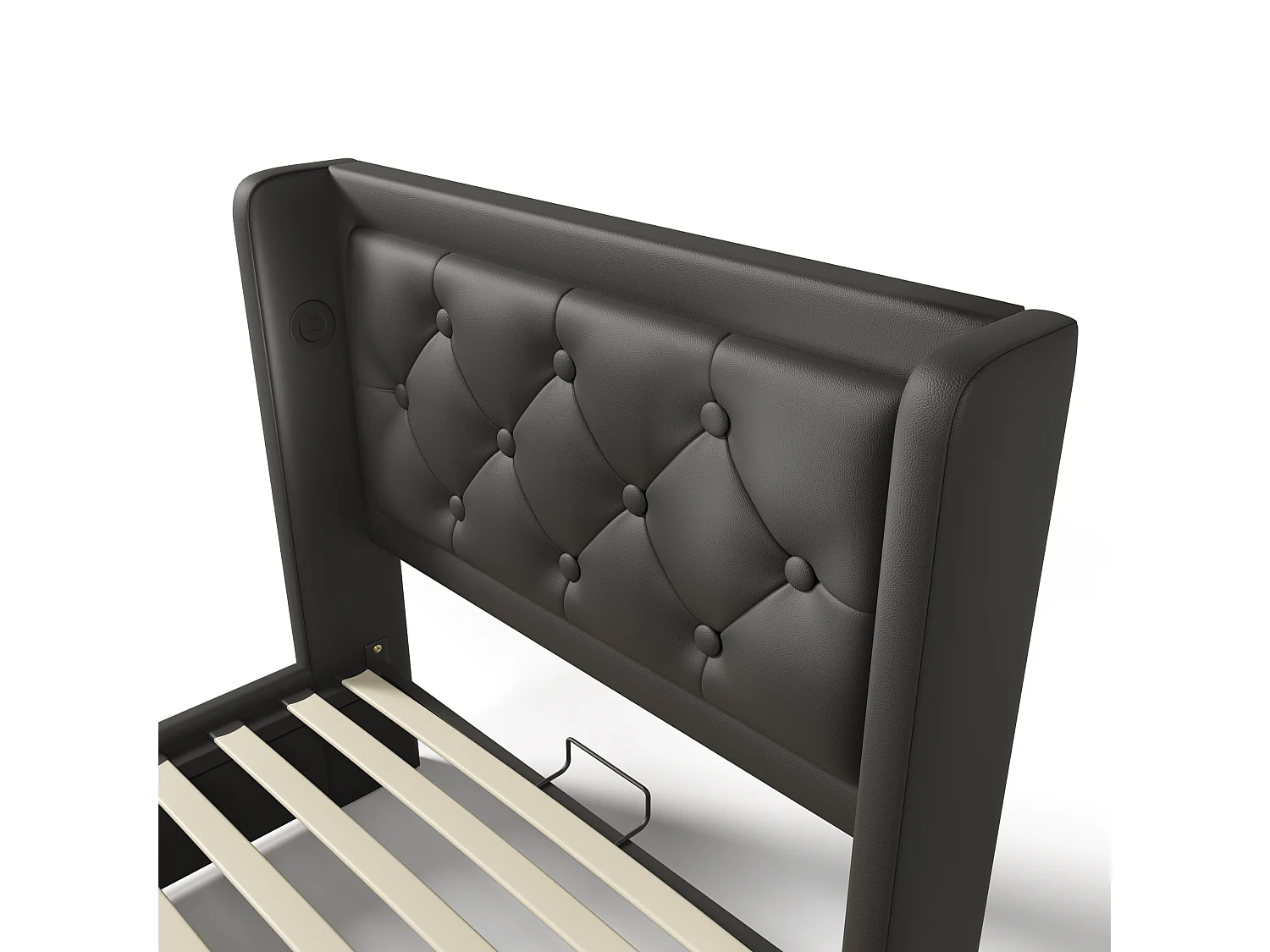 Gepolstertes Stauraumbett 90 x 200 cm aus Kunstleder – mit Ladefunktion und LED am Fußende des Bettes – Schwarz