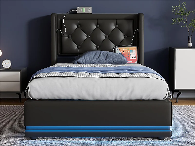 Lit coffre capitonné 90 x 200 cm en similicuir - avec fonction de recharge et LED au pied du lit - Noir