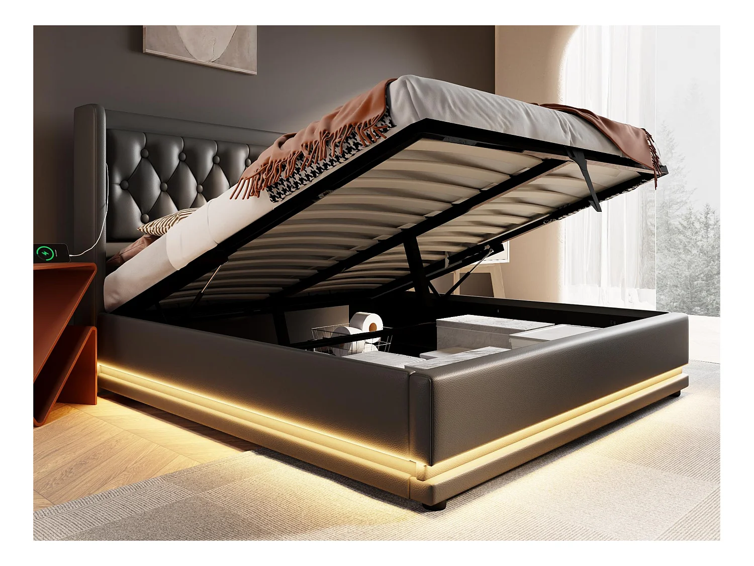 Lit coffre capitonné 160 x 200 cm en similicuir - avec fonction de recharge et LED au pied du lit - Noir