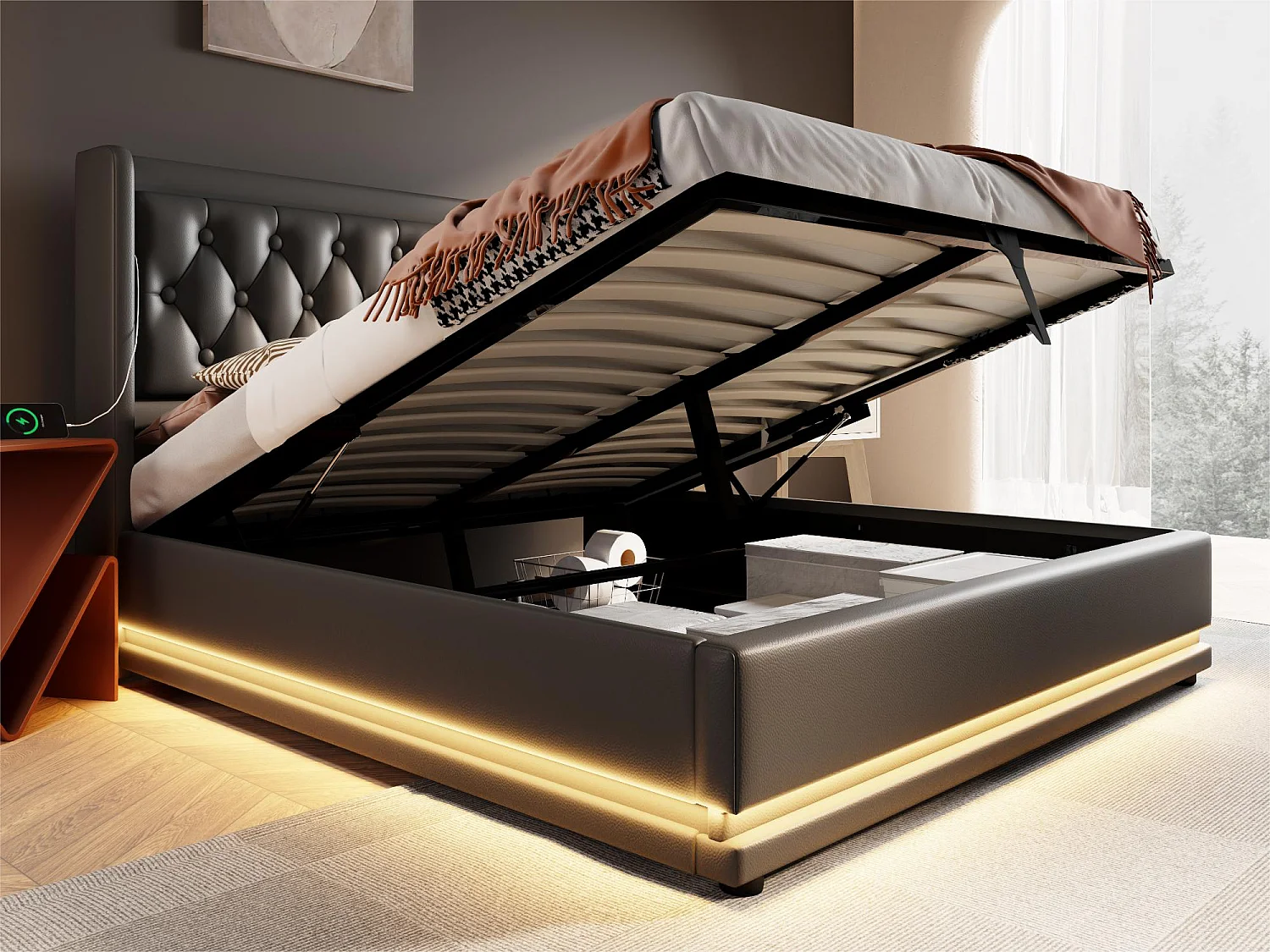 Lit coffre capitonné 160 x 200 cm en similicuir - avec fonction de recharge et LED au pied du lit - Noir