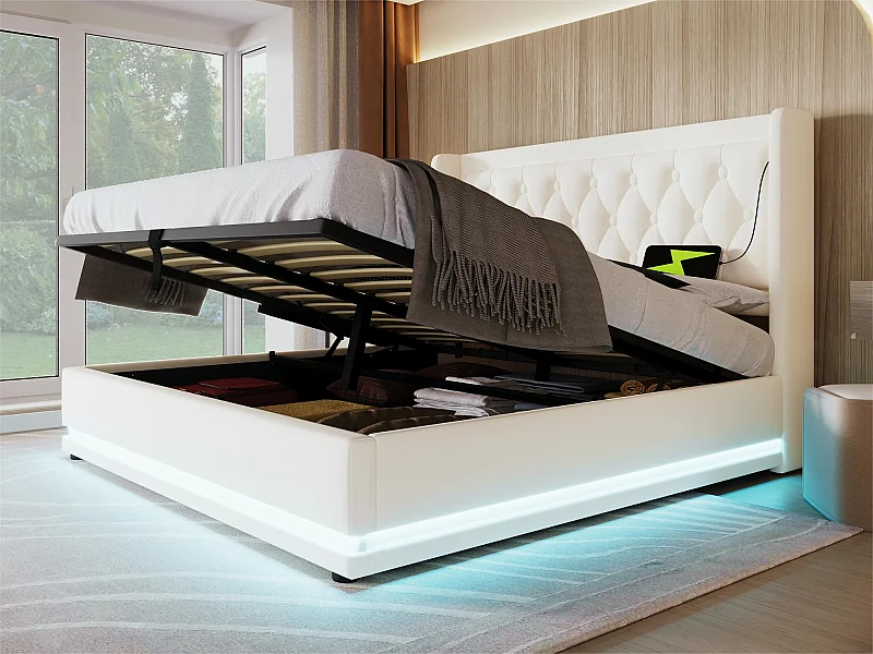Cama contenedor acolchada 180 x 200 cm en símil piel - con función de carga y LED a los pies de la cama - Blanco