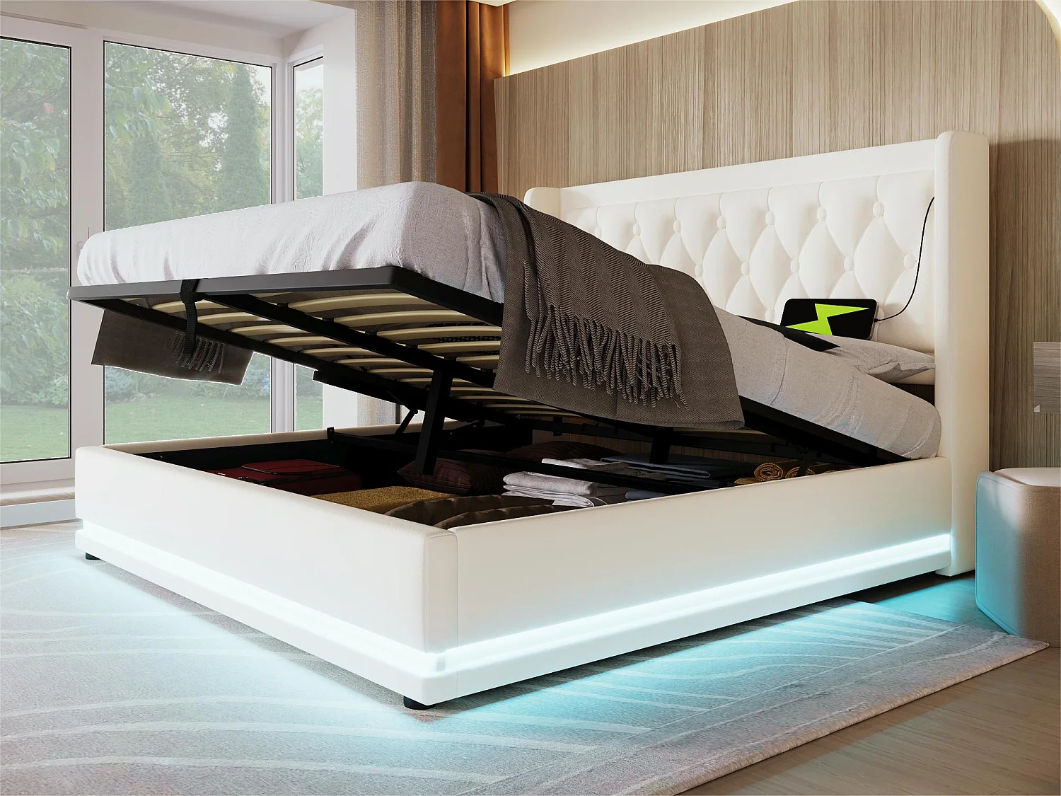 Gepolstertes Stauraumbett 180 x 200 cm aus Kunstleder – mit Ladefunktion und LED am Fußende des Bettes – Weiß