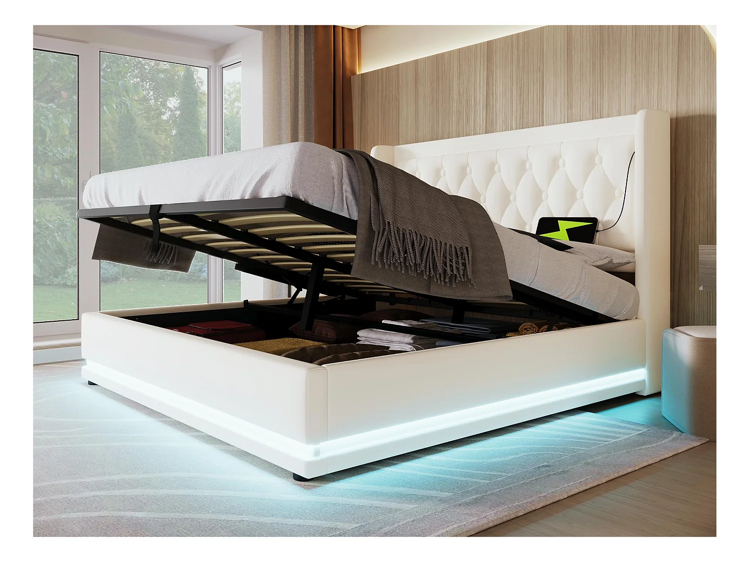 Lit coffre capitonné 180 x 200 cm en similicuir - avec fonction de recharge et LED au pied du lit - Blanc