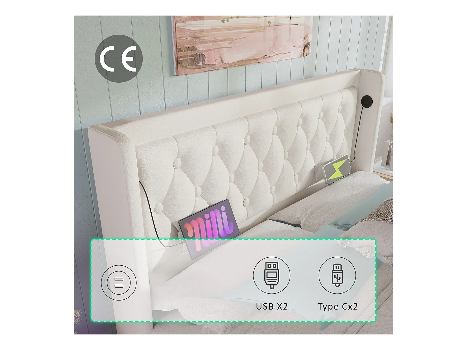 Cama contenedor acolchada 180 x 200 cm en símil piel - con función de carga y LED a los pies de la cama - Blanco