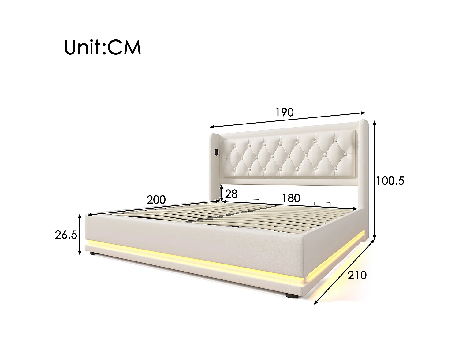 Cama contenedor acolchada 180 x 200 cm en símil piel - con función de carga y LED a los pies de la cama - Blanco