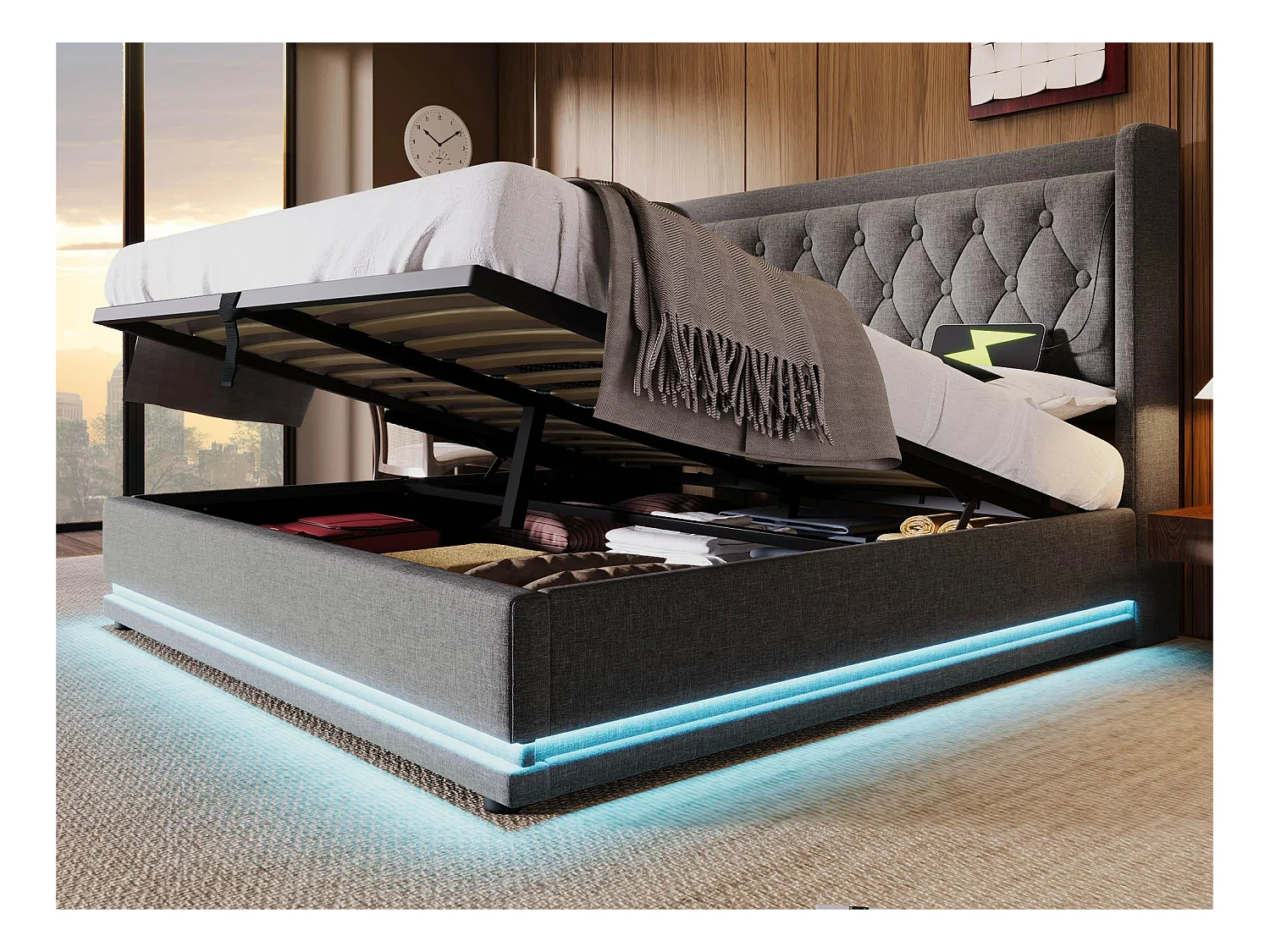 Lit coffre capitonné 140 x 200 cm en tissu coton - avec fonction de recharge et LED au pied du lit - Gris