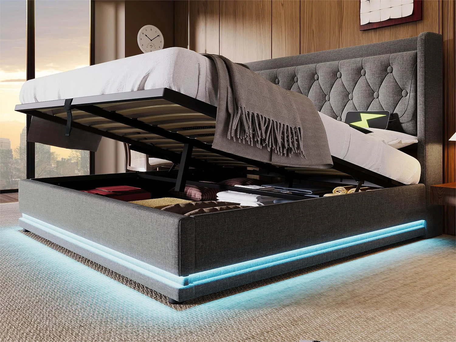 Cama contenedor acolchada 140 x 200 cm en tejido de algodón - con función de carga y LED a los pies de la cama - Gris