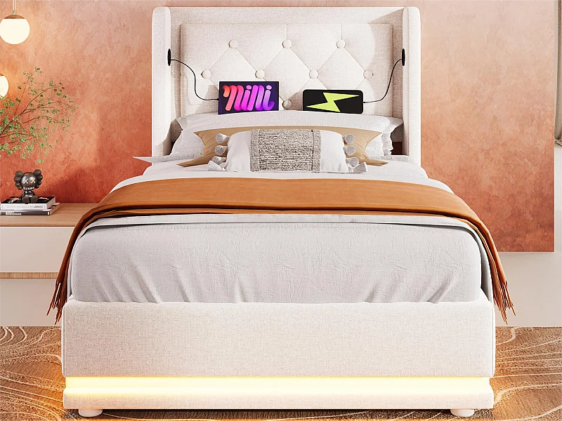Letto contenitore imbottito 90 x 200 cm in tessuto di cotone - con funzione di ricarica e LED ai piedi del letto - Beige
