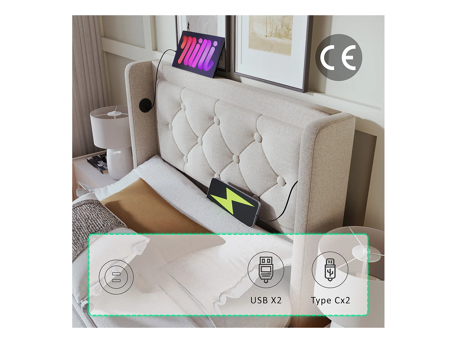 Lit coffre capitonné 90 x 200 cm en tissu coton - avec fonction de recharge et LED au pied du lit - Beige