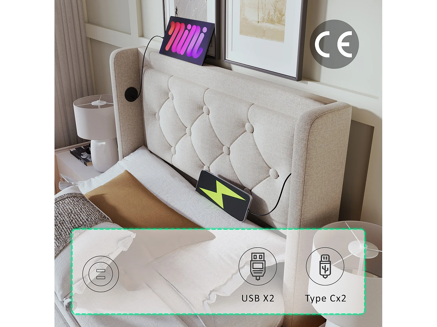 Cama contenedor acolchada de 90 x 200 cm en tejido de algodón - con función de carga y LED a los pies de la cama - Beige