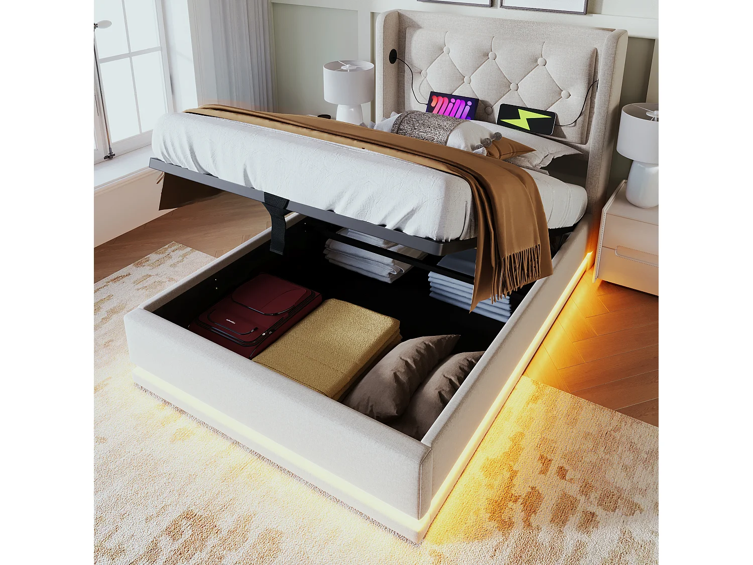 Gepolstertes Stauraumbett 90 x 200 cm aus Baumwollstoff – mit Ladefunktion und LED am Fußende des Bettes – Beige