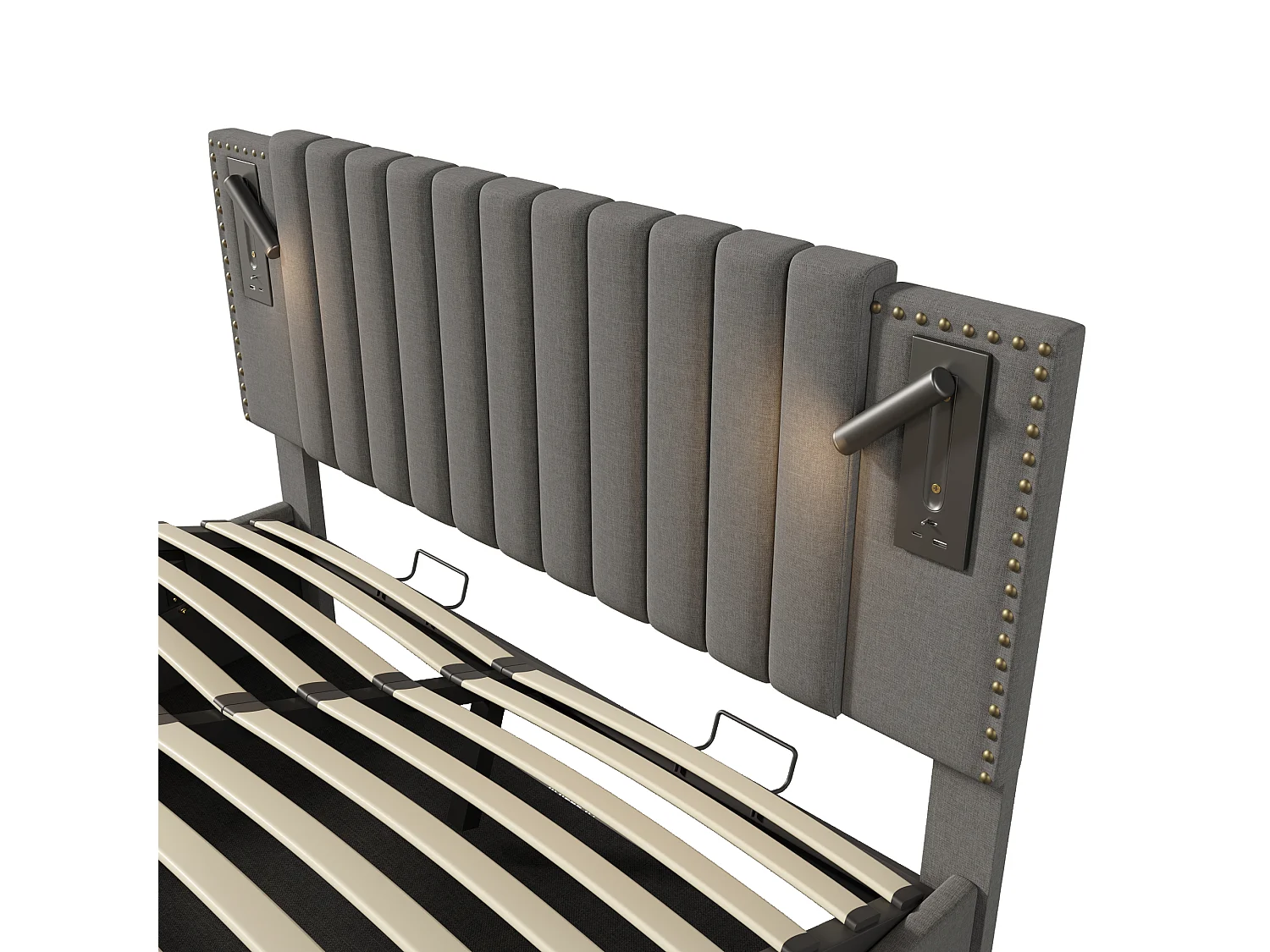 Cama de arrumação 140x200cm em tecido de algodão - com luzes de leitura e portas de carregamento USB - com base de ripas - Cinzento