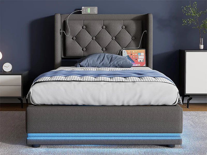 Letto contenitore imbottito 90 x 200 cm in tessuto di cotone - con funzione di ricarica e LED ai piedi del letto - Grigio