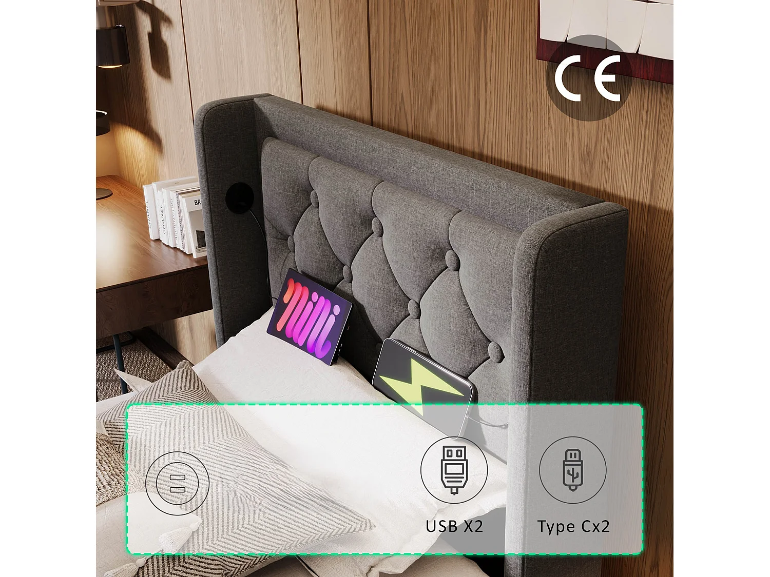 Lit coffre capitonné 90 x 200 cm en tissu coton - avec fonction de recharge et LED au pied du lit - Gris