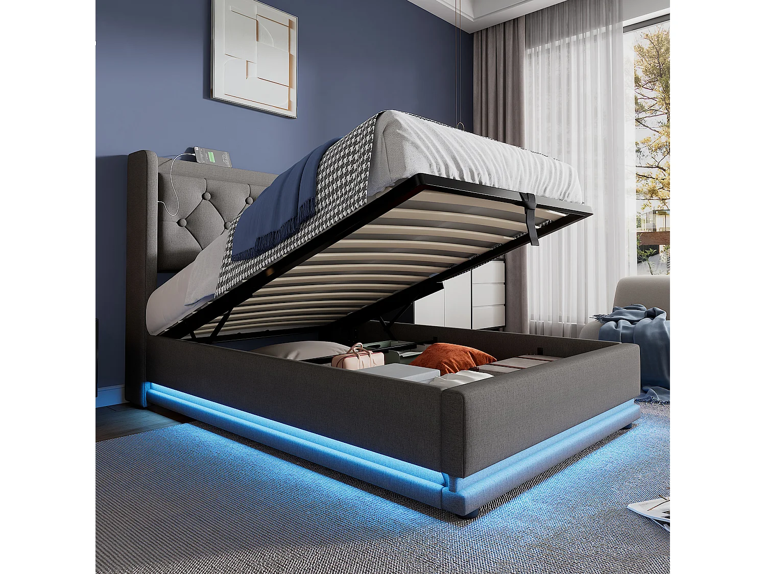 Lit coffre capitonné 90 x 200 cm en tissu coton - avec fonction de recharge et LED au pied du lit - Gris