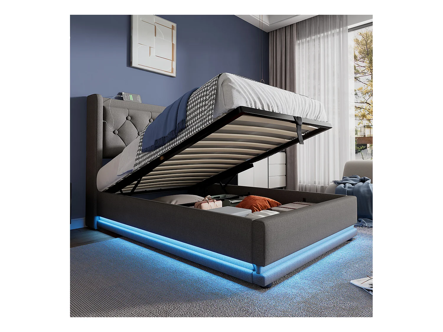 Cama contenedor acolchada de 90 x 200 cm en tejido de algodón - con función de carga y LED a los pies de la cama - Gris