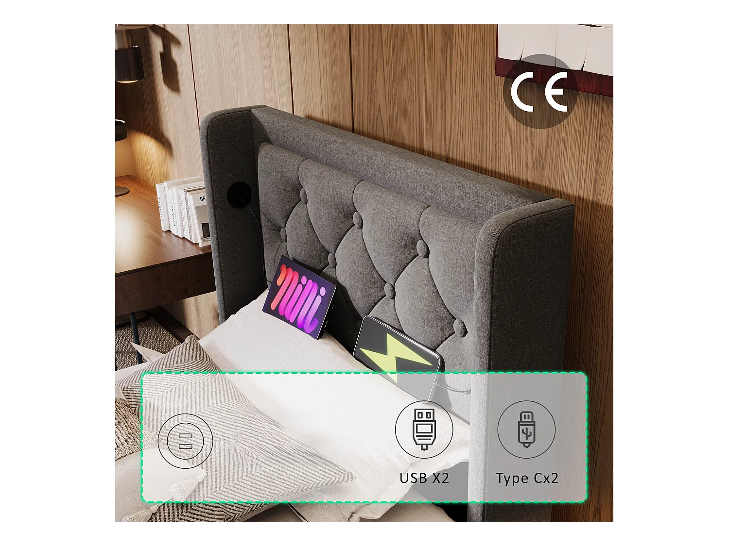 Cama contenedor acolchada de 90 x 200 cm en tejido de algodón - con función de carga y LED a los pies de la cama - Gris