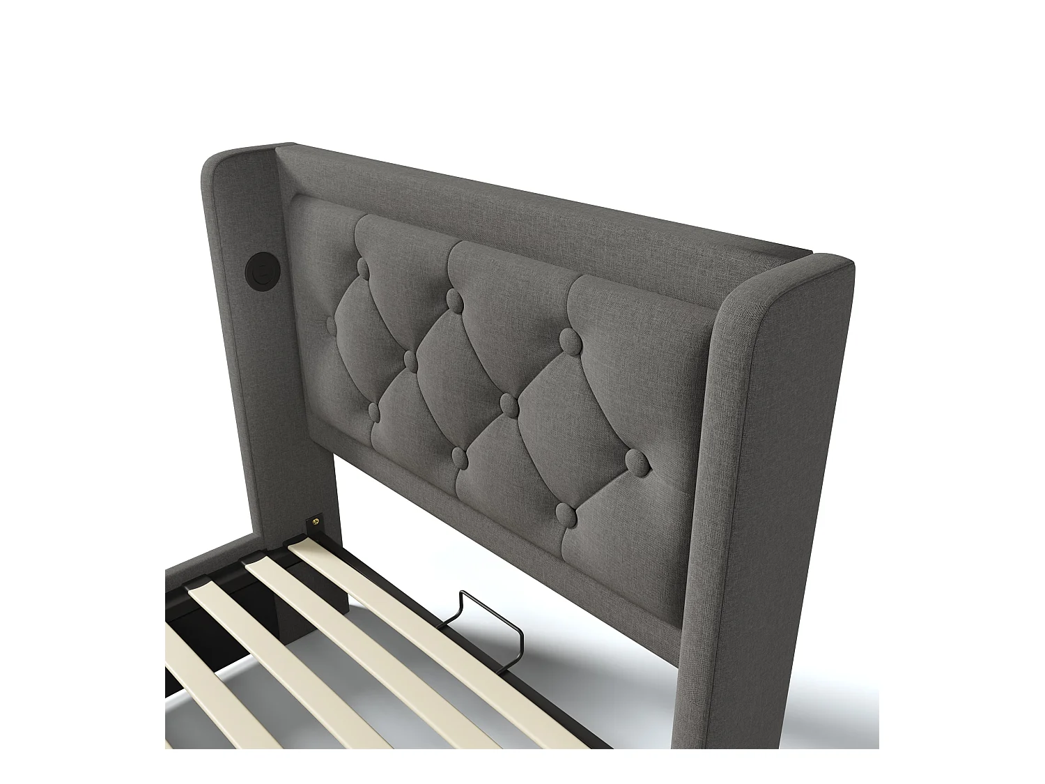 Cama contenedor acolchada de 90 x 200 cm en tejido de algodón - con función de carga y LED a los pies de la cama - Gris