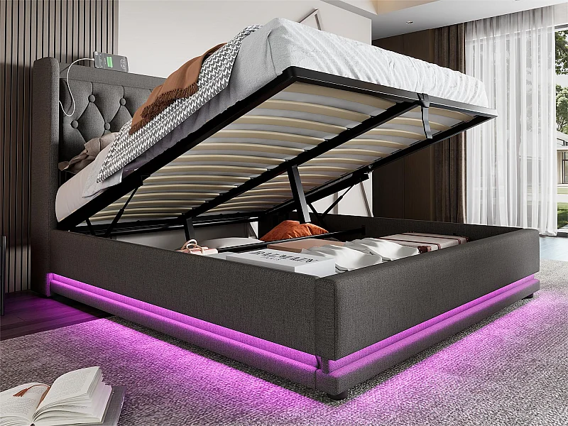 Gepolstertes Stauraumbett 180 x 200 cm aus Baumwollstoff – mit Ladefunktion und LED am Fußende des Bettes – Grau