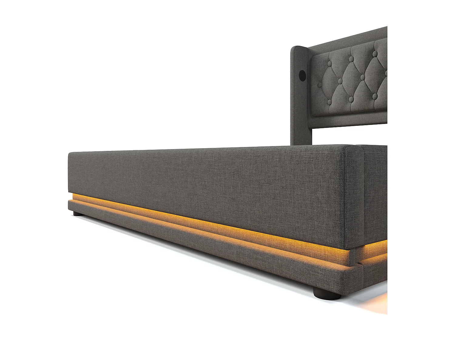 Cama de armazenamento acolchoada 180 x 200 cm em tecido de algodão - com função de carregamento e LED ao pé da cama - Cinza