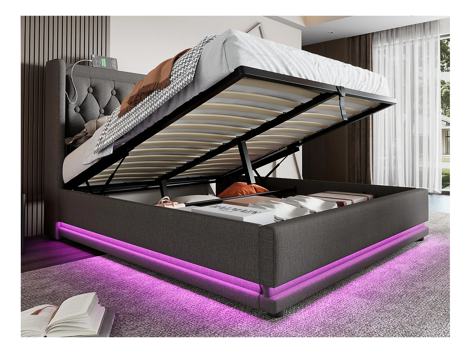 Lit coffre capitonné 180 x 200 cm en tissu coton - avec fonction de recharge et LED au pied du lit - Gris