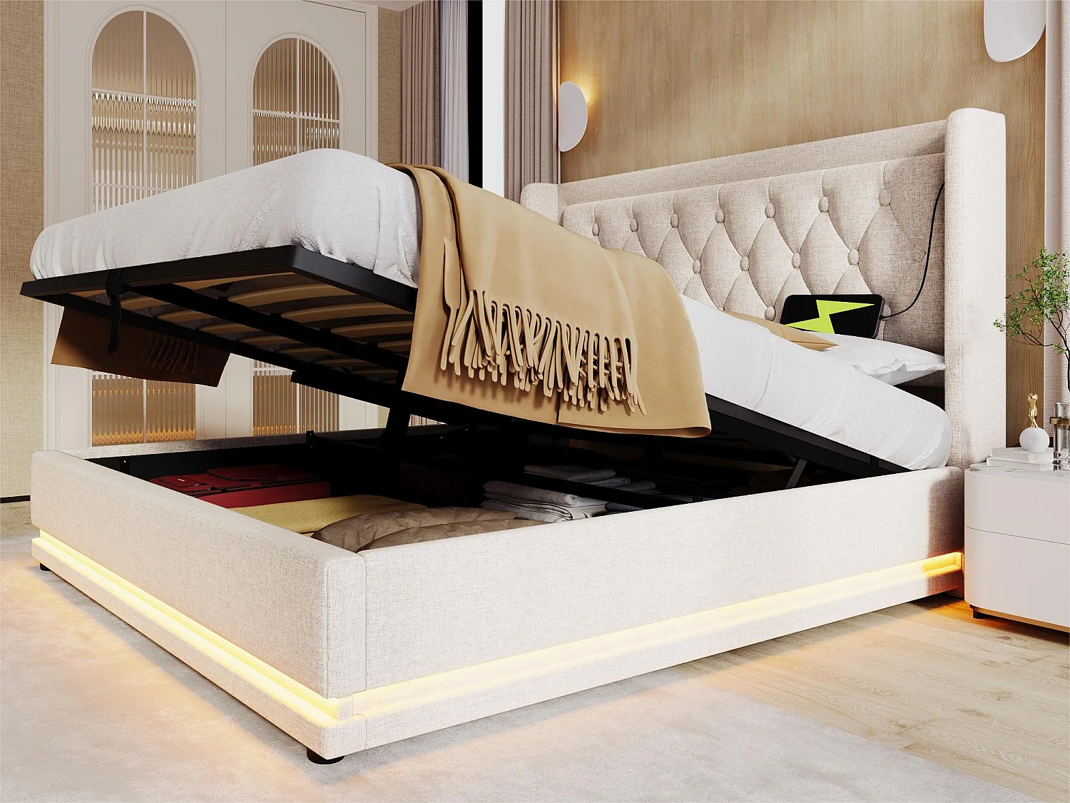 Lit coffre capitonné 180 x 200 cm en tissu coton - avec fonction de recharge et LED au pied du lit - Beige