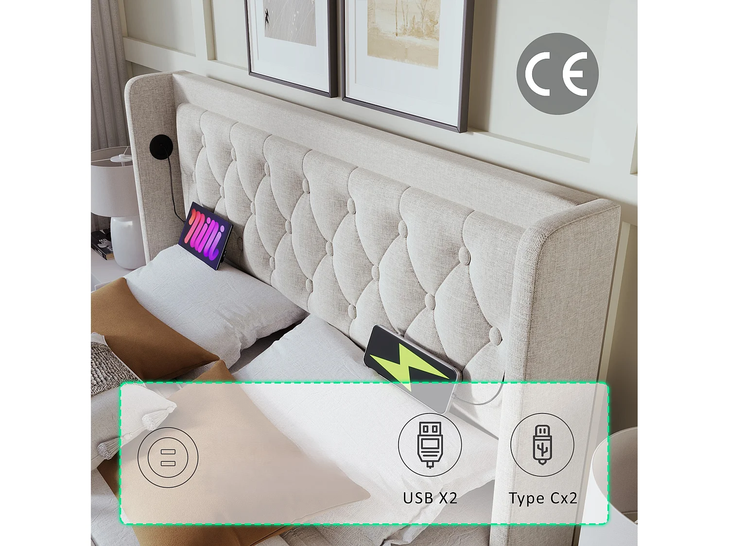 Lit coffre capitonné 180 x 200 cm en tissu coton - avec fonction de recharge et LED au pied du lit - Beige