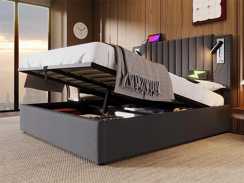 160 x 200 cm großes Stauraumbett aus Baumwollstoff – mit Leselampen und USB-Ladeanschlüssen – mit Lattenrost – Grau