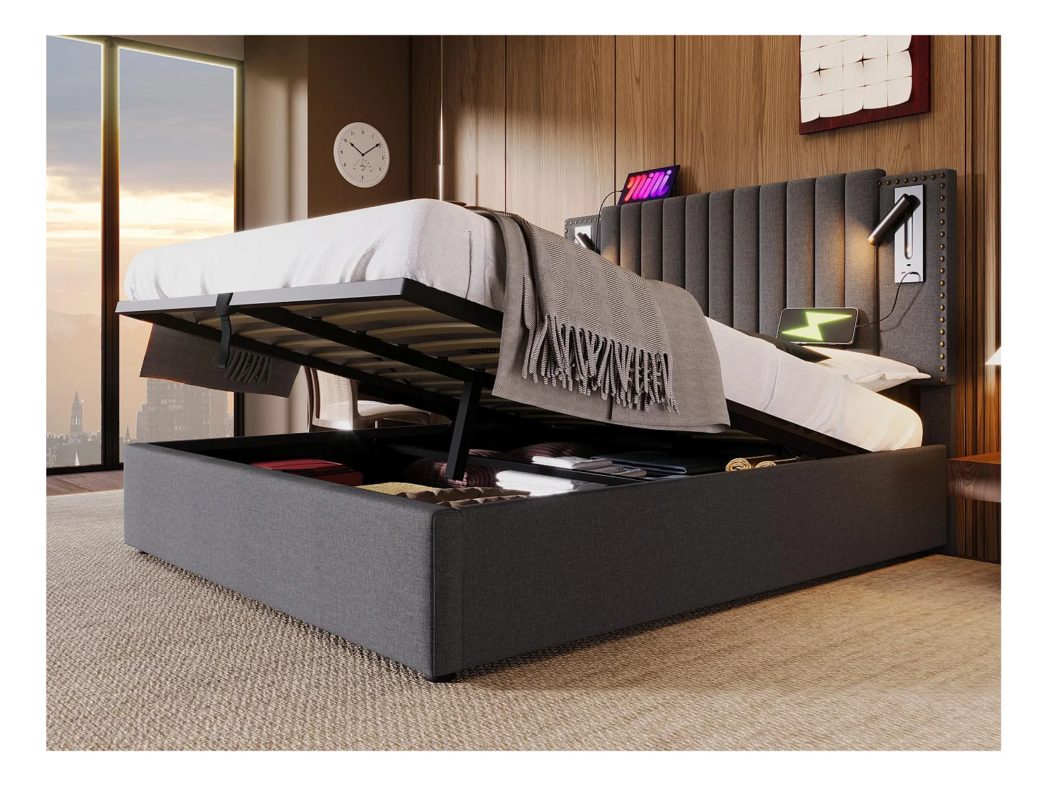 Lit coffre 160x200cm en tissu de cotton - avec lampes de lecture et Ports de charge USB - avec sommier à lattes - Gris