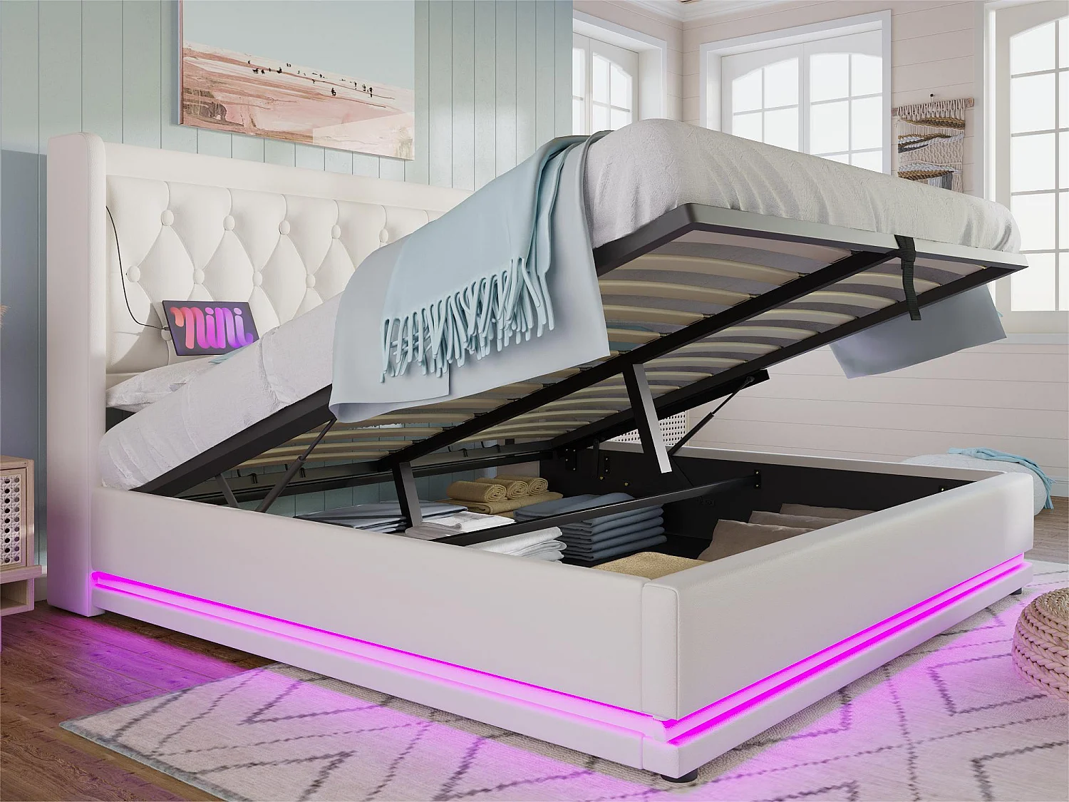 Gewatteerd opbergbed 140 x 200 cm in kunstleer - met oplaadfunctie en LED aan het voeteneinde - Wit