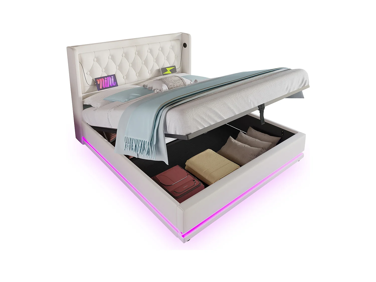 Gewatteerd opbergbed 140 x 200 cm in kunstleer - met oplaadfunctie en LED aan het voeteneinde - Wit