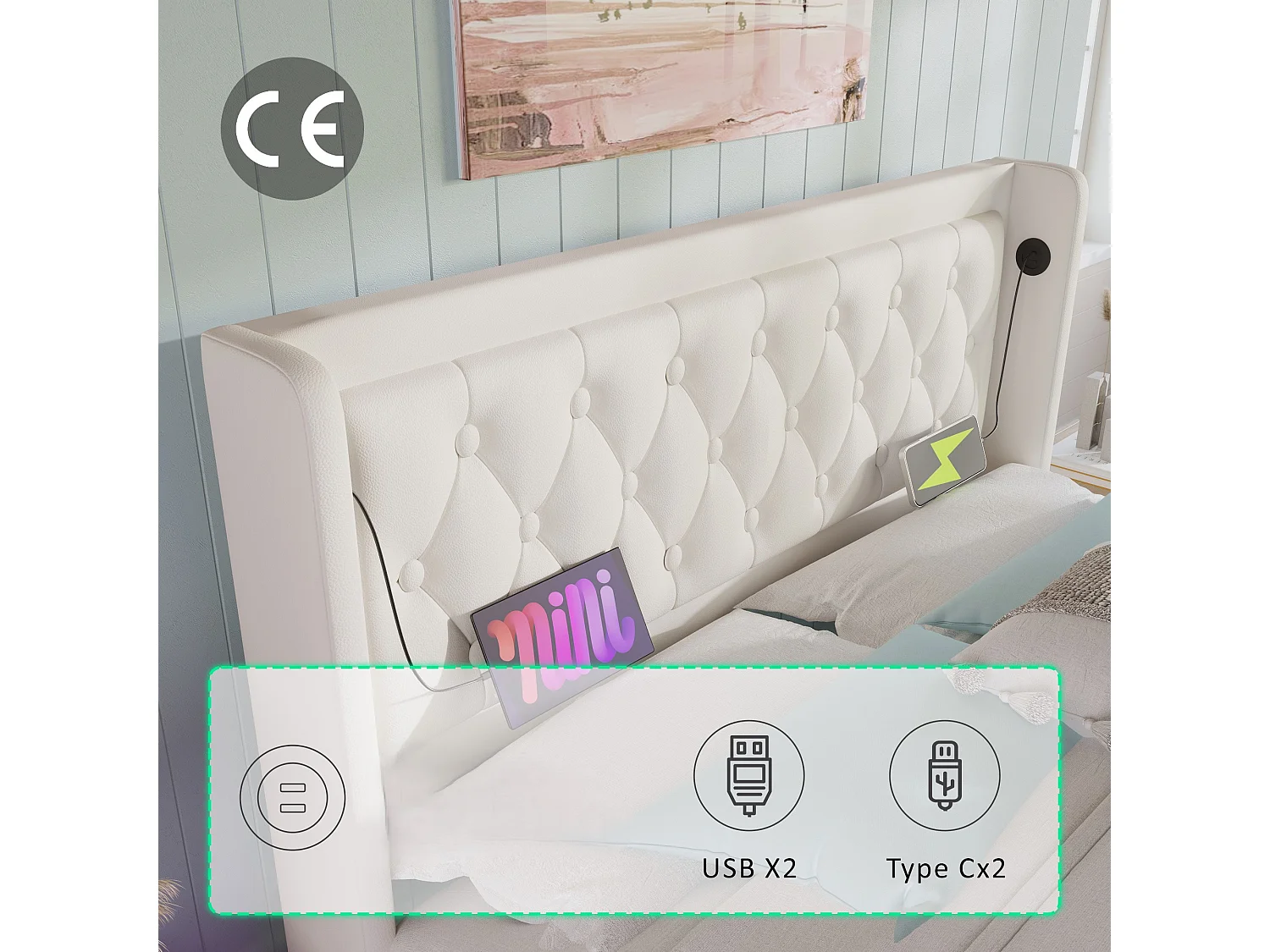 Gepolstertes Stauraumbett 140 x 200 cm aus Kunstleder – mit Ladefunktion und LED am Fußende des Bettes – Weiß