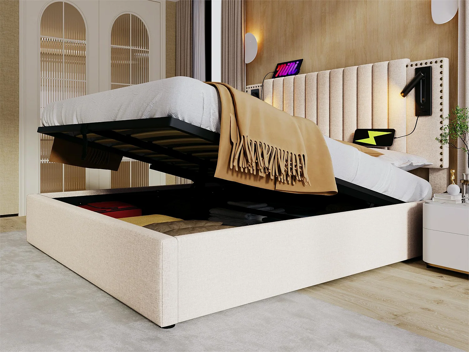 Cama contenedor de tela de algodón 140x200 cm - con luces de lectura y puertos de carga USB - con somier - Beige