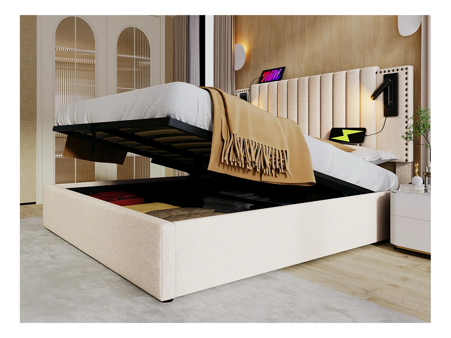 Lit coffre 140x200cm en tissu de cotton - avec lampes de lecture et Ports de charge USB - avec sommier à lattes - Beige