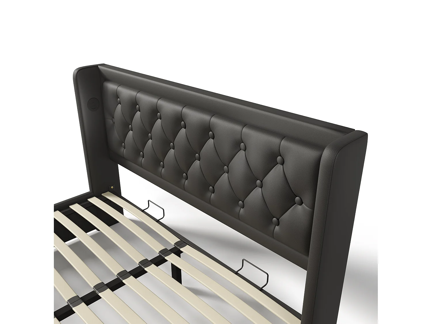 Cama contenedor acolchada 140 x 200 cm en símil piel - con función de carga y LED a los pies de la cama - Negro