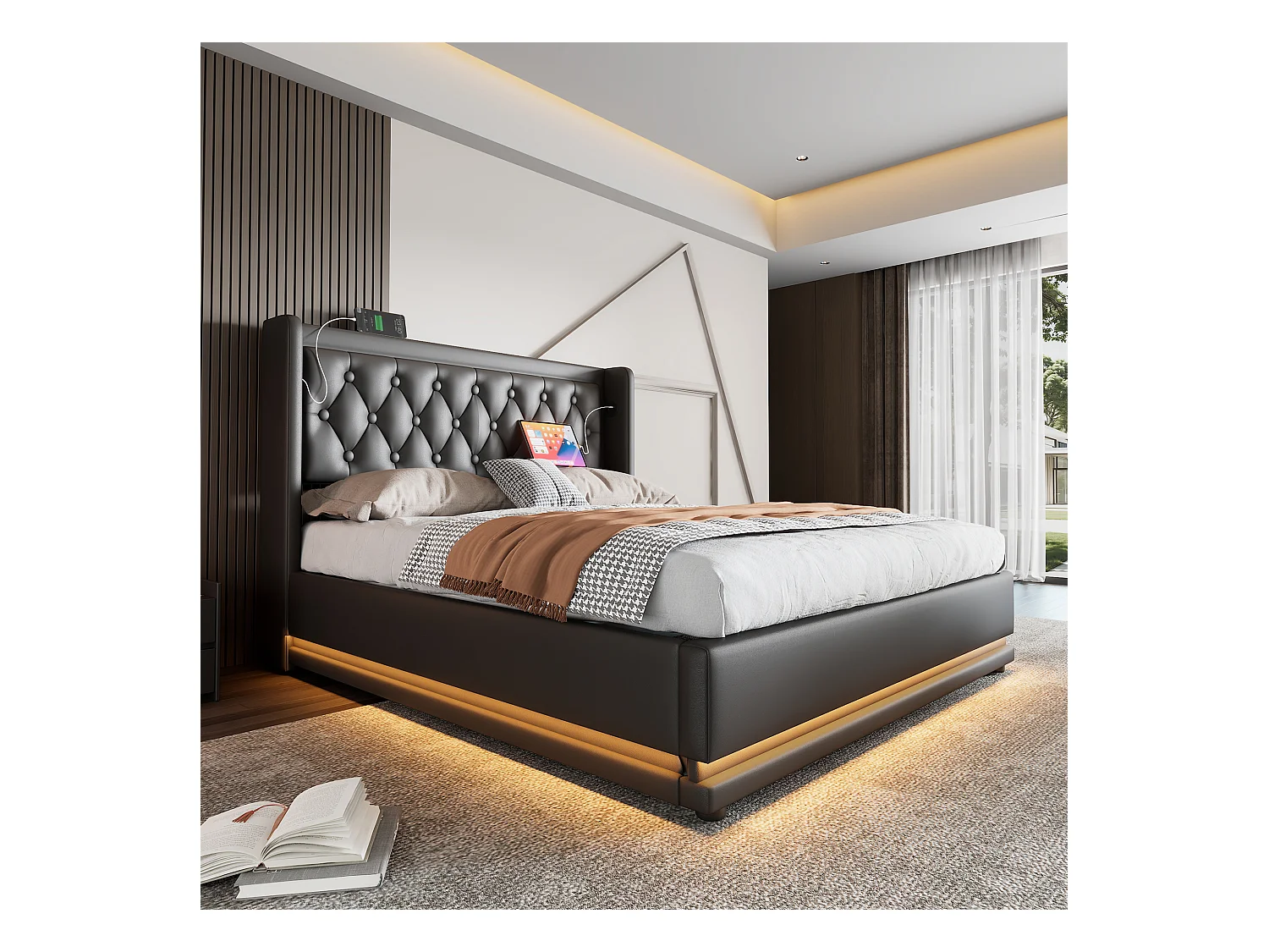 Lit coffre capitonné 140 x 200 cm en similicuir - avec fonction de recharge et LED au pied du lit - Noir