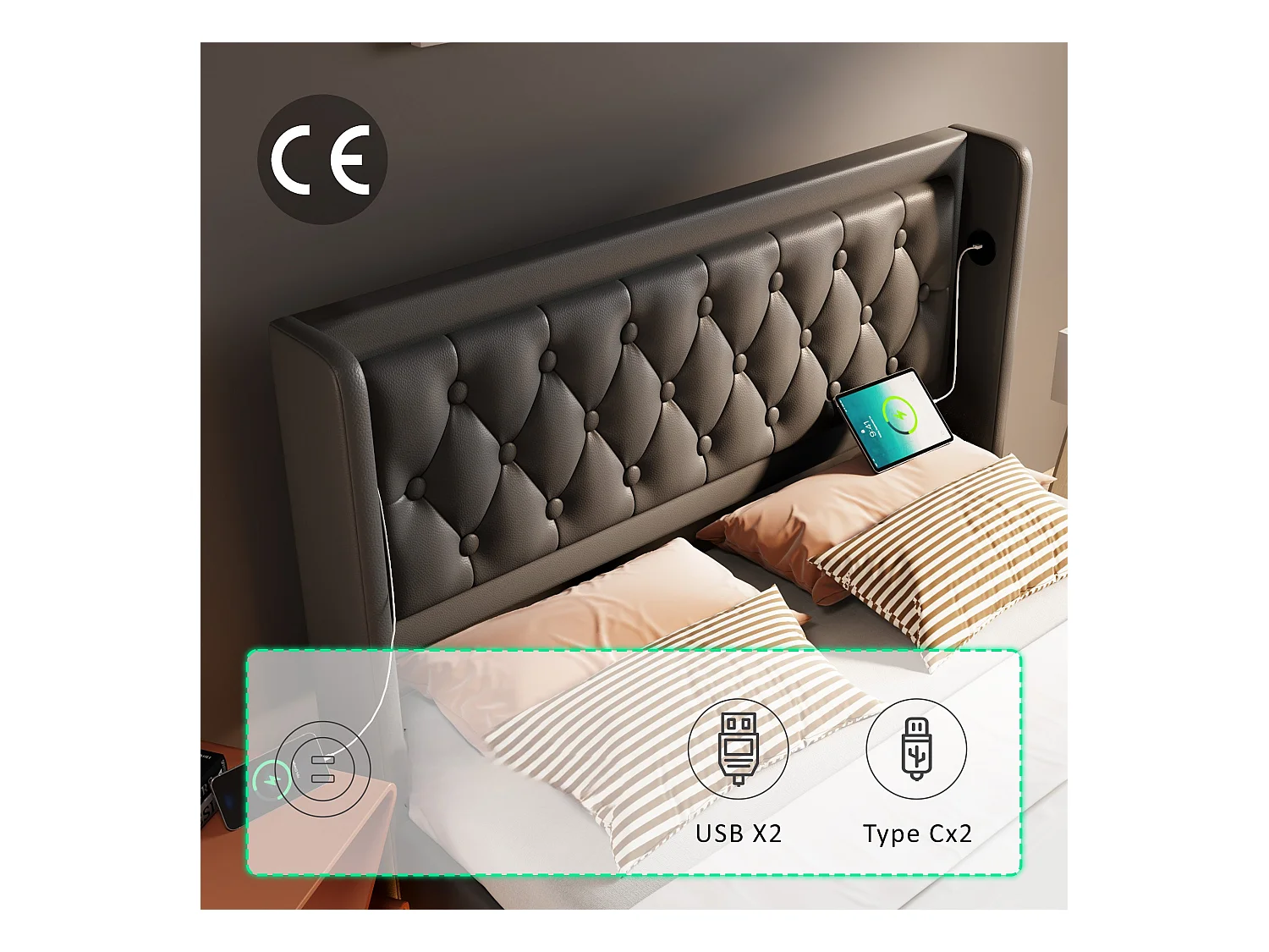 Lit coffre capitonné 140 x 200 cm en similicuir - avec fonction de recharge et LED au pied du lit - Noir