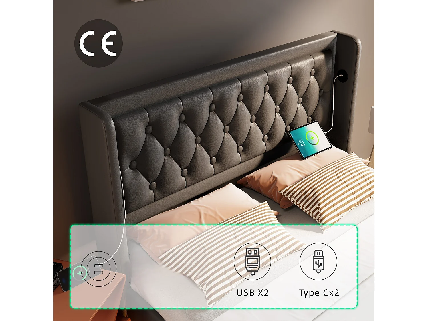 Gepolstertes Stauraumbett 140 x 200 cm aus Kunstleder – mit Ladefunktion und LED am Fußende des Bettes – Schwarz