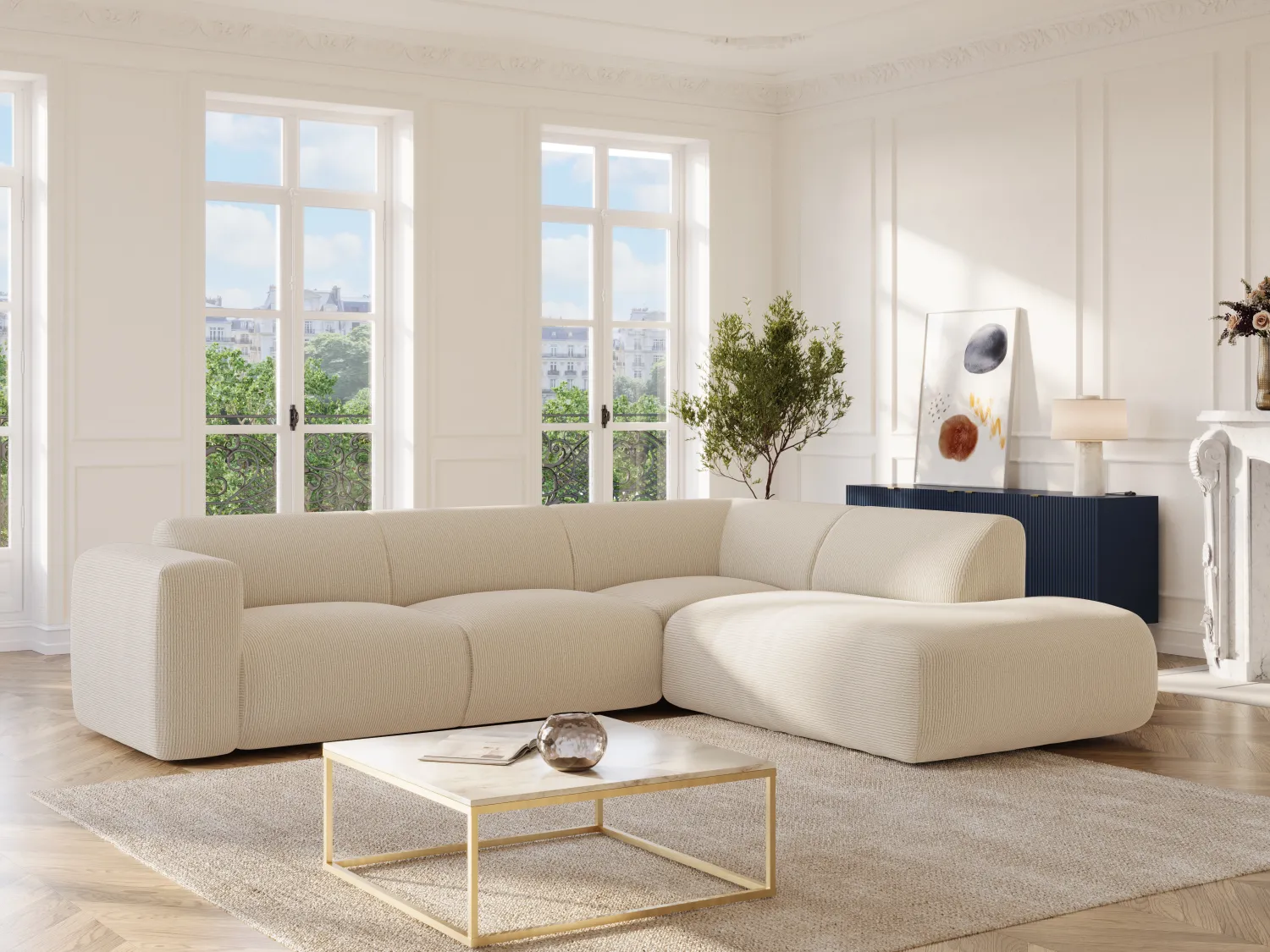 Großes Ecksofa mit Recamiere mit Rückenlehne - Ecke rechts - Feincord - Beige - POGNI von Maison Céphy