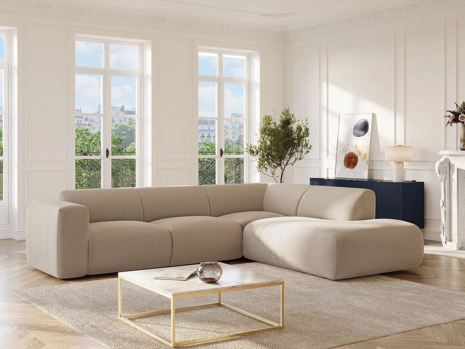 Grande sofá de canto direito com encosto e chaise-longue em veludo canelado bege - POGNI de Maison Céphy