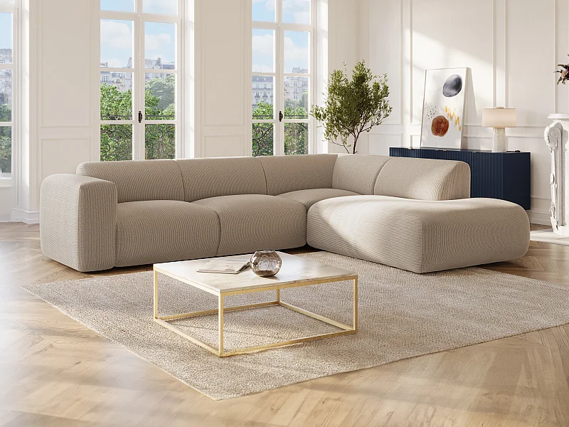 Grande divano angolo a destra con schienale e penisola in Tess. a coste sottili Beige - POGNI della Maison Céphy