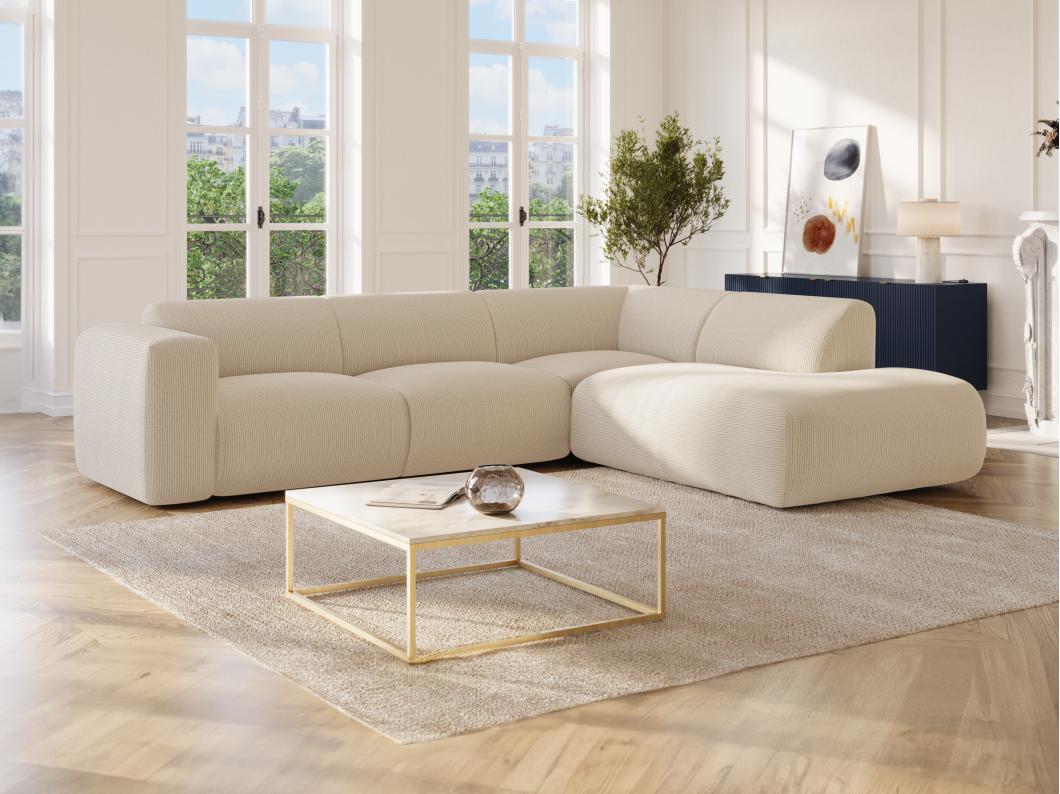 Großes Ecksofa mit Recamiere mit Rückenlehne - Ecke rechts - Bouclé-Stoff - Beige - POGNI von Maison Céphy