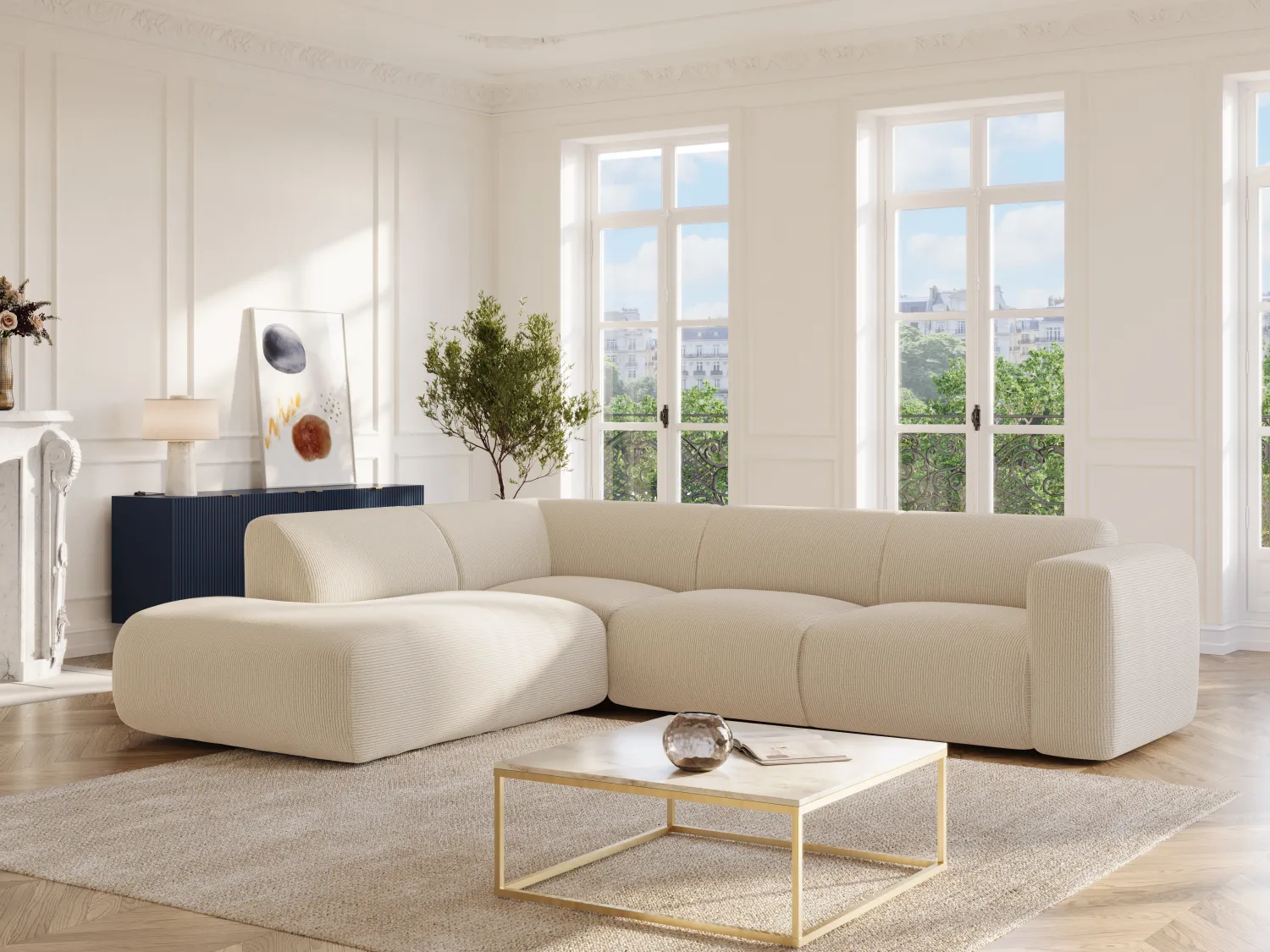 Großes Ecksofa mit Recamiere mit Rückenlehne - Ecke links - Feincord - Beige - POGNI von Maison Céphy