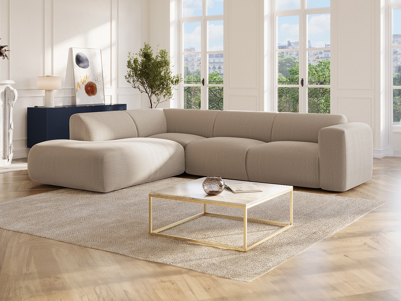 Grand canapé d'angle gauche avec dossier méridienne en velours beige ...