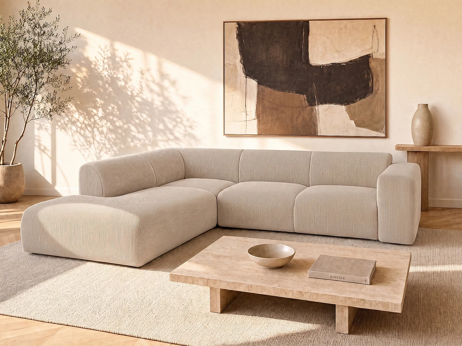 Large left-hand corner sofa with chaise longue back in fine-ribbed beige corduroy velvet POGNI by Maison Céphy