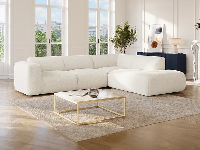 Großes Ecksofa mit Recamiere mit Rückenlehne - Ecke rechts - Bouclé-Stoff - Weiß - POGNI von Maison Céphy