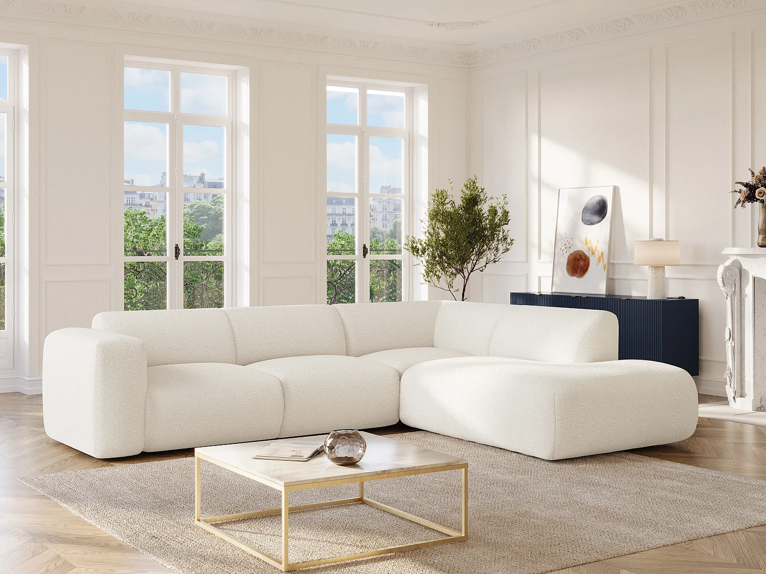 Grande sofá de canto direito com encosto e chaise-longue em tecido bouclé branco - POGNI de Maison Céphy