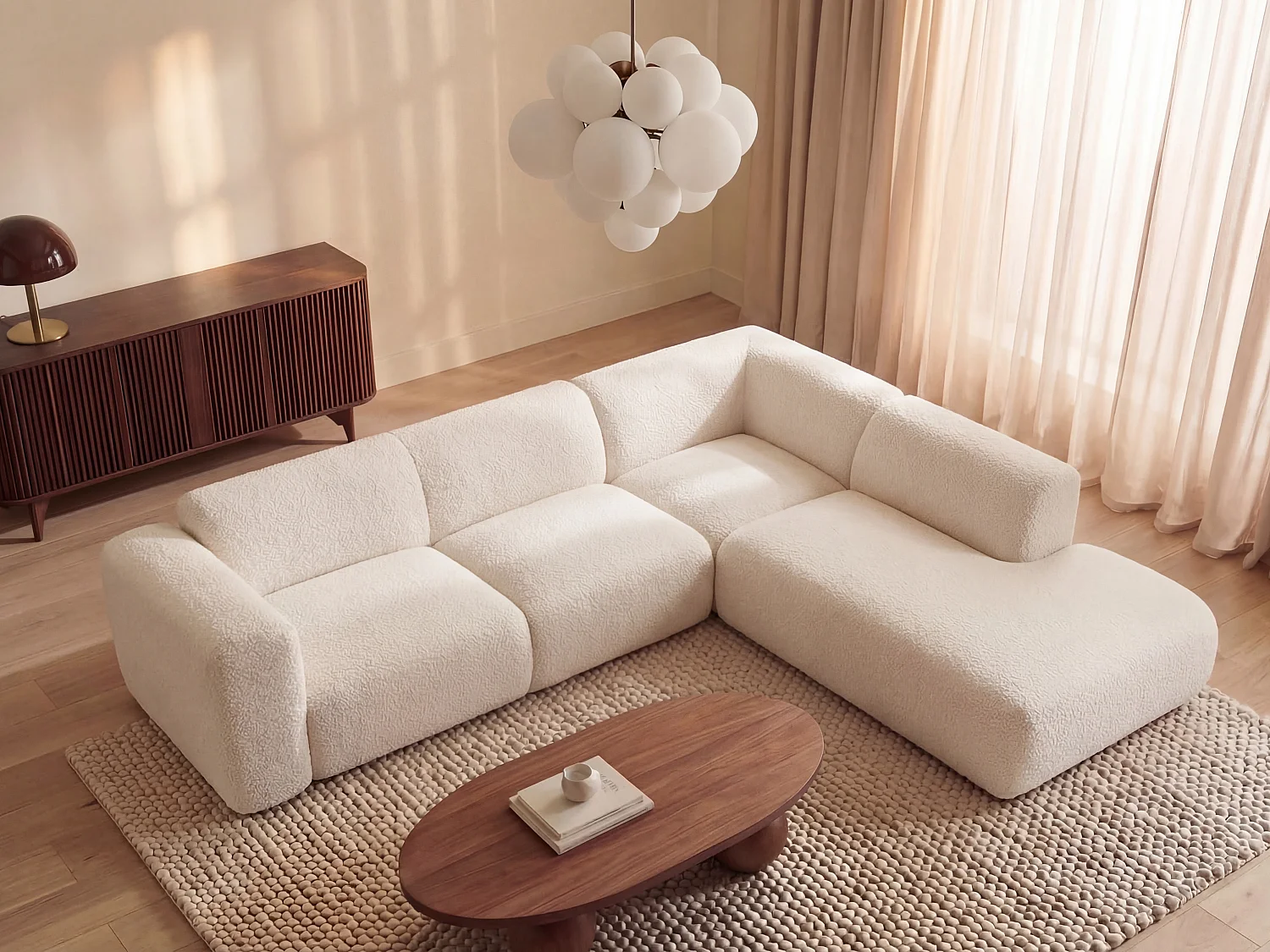 Großes Ecksofa mit Recamiere mit Rückenlehne - Ecke rechts - Bouclé-Stoff - Weiß - POGNI von Maison Céphy