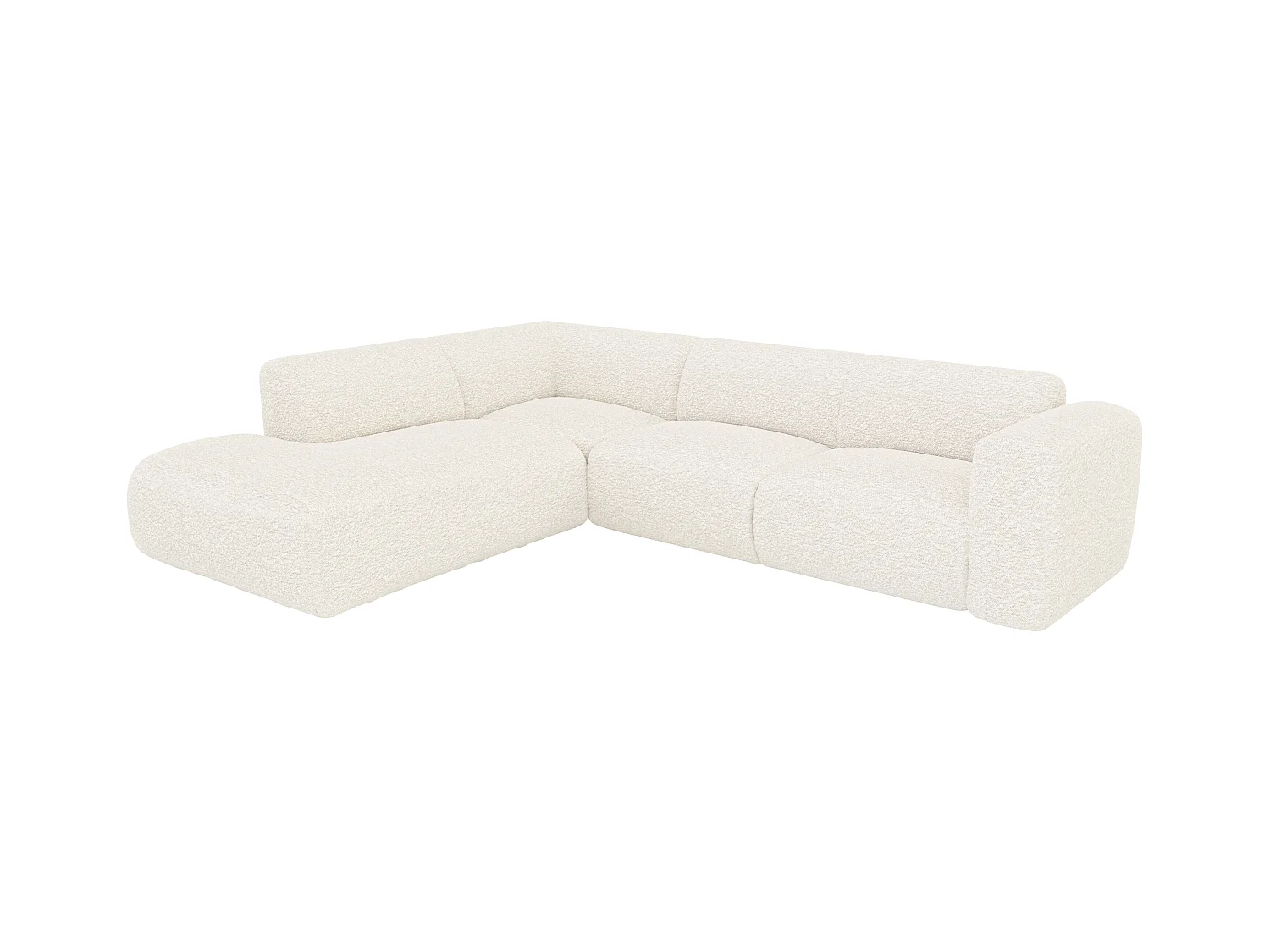 Grote hoekbank met hoek links met rugleuning aan de meridienne van witte boucléstof POGNI van Maison Céphy