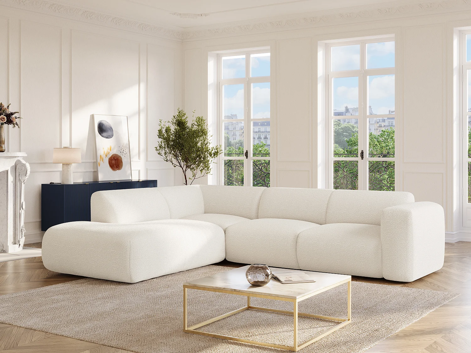 Großes Ecksofa mit Recamiere mit Rückenlehne - Ecke links - Bouclé-Stoff - Weiß - POGNI von Maison Céphy